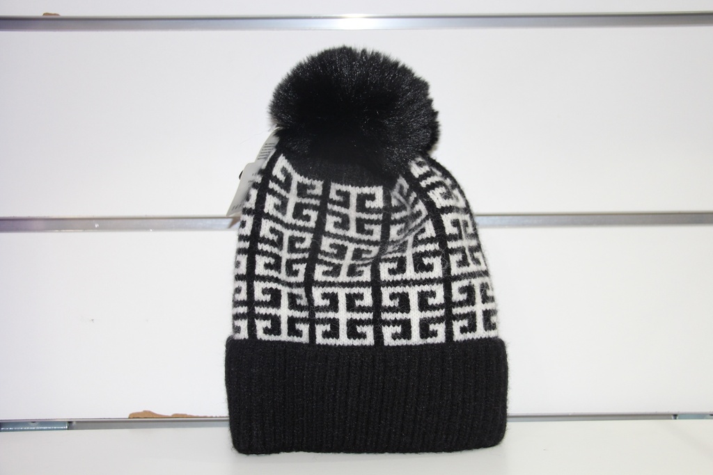 Gorro de Tricô Preto e Branco com Padrão Geométrico
