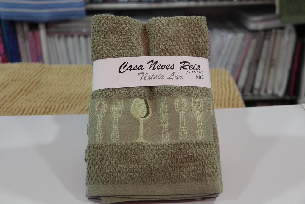 Toalha de Cozinha em Felpo Verde Oliva com Barra de Utensílios