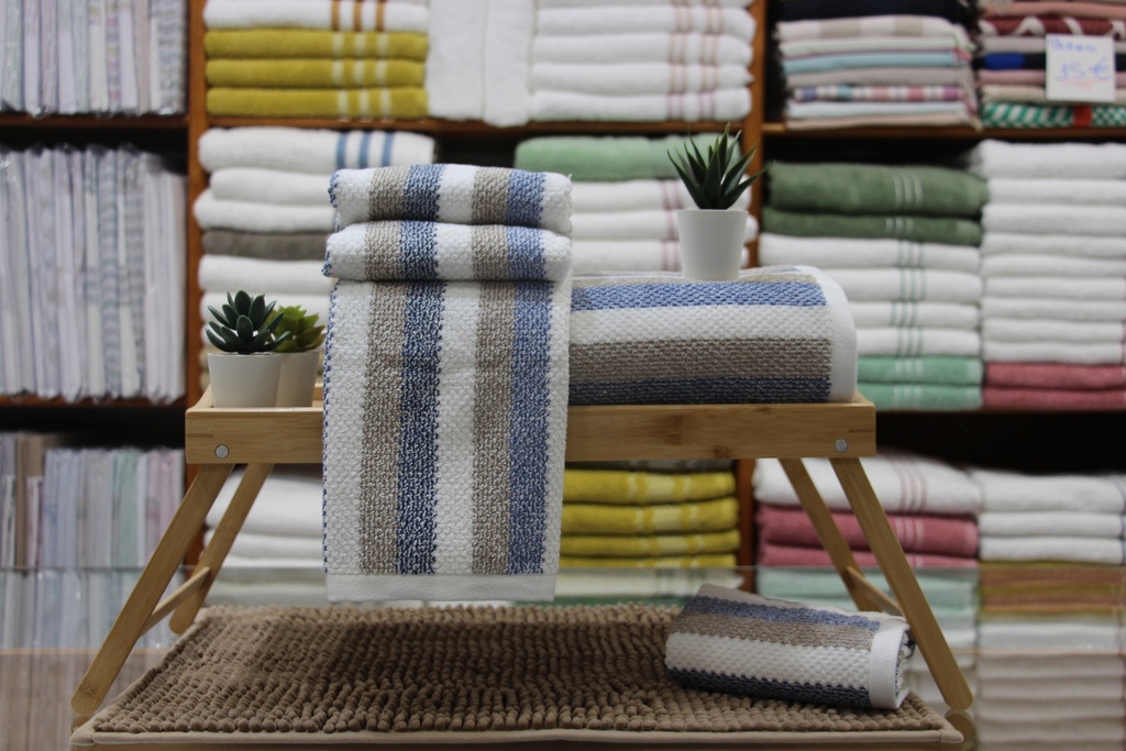 Jogo de Toalhas de Felpo Branco com Listras em Azul e Cinzento Acastanhado