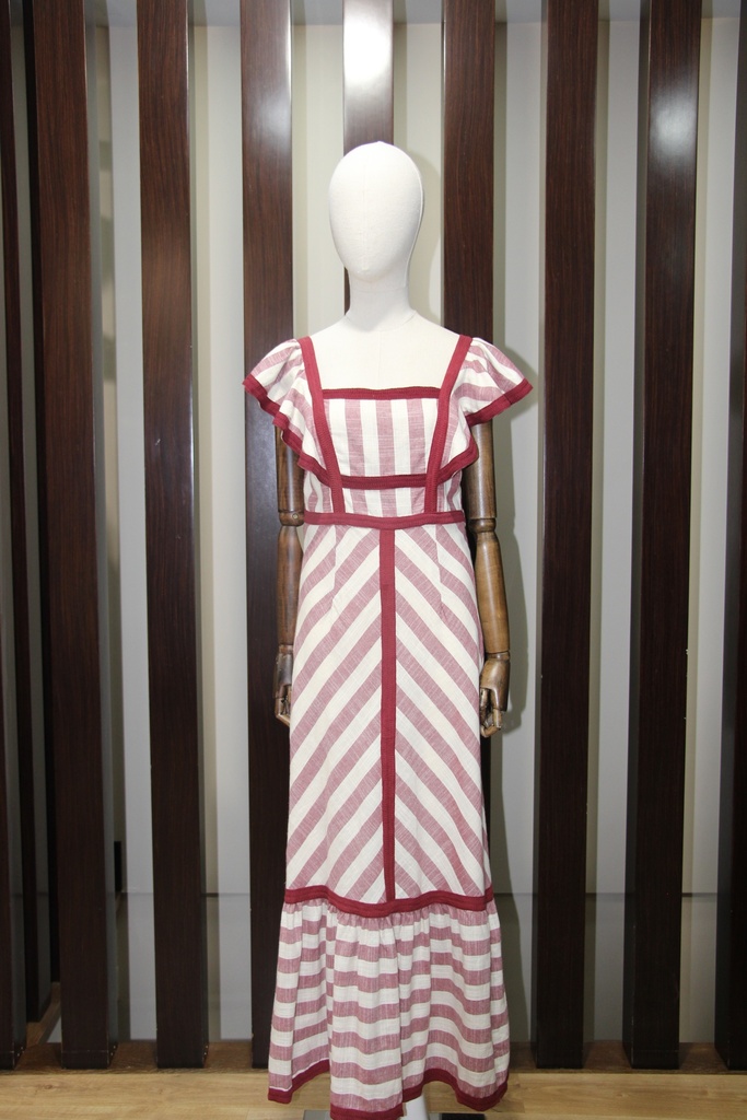 Vestido Midi às Riscas com Detalhes em Bordo