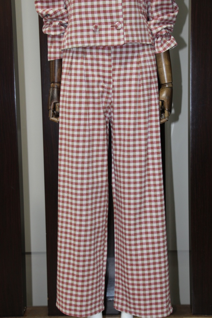 Calças de Alfaiataria Wide Leg em Xadrez Vichy Terracota