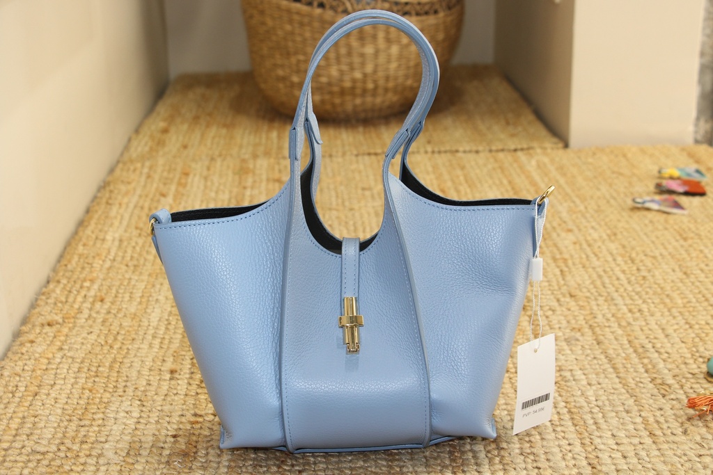 Mala de Mão Estruturada em Pele Grão Azul-Serenity