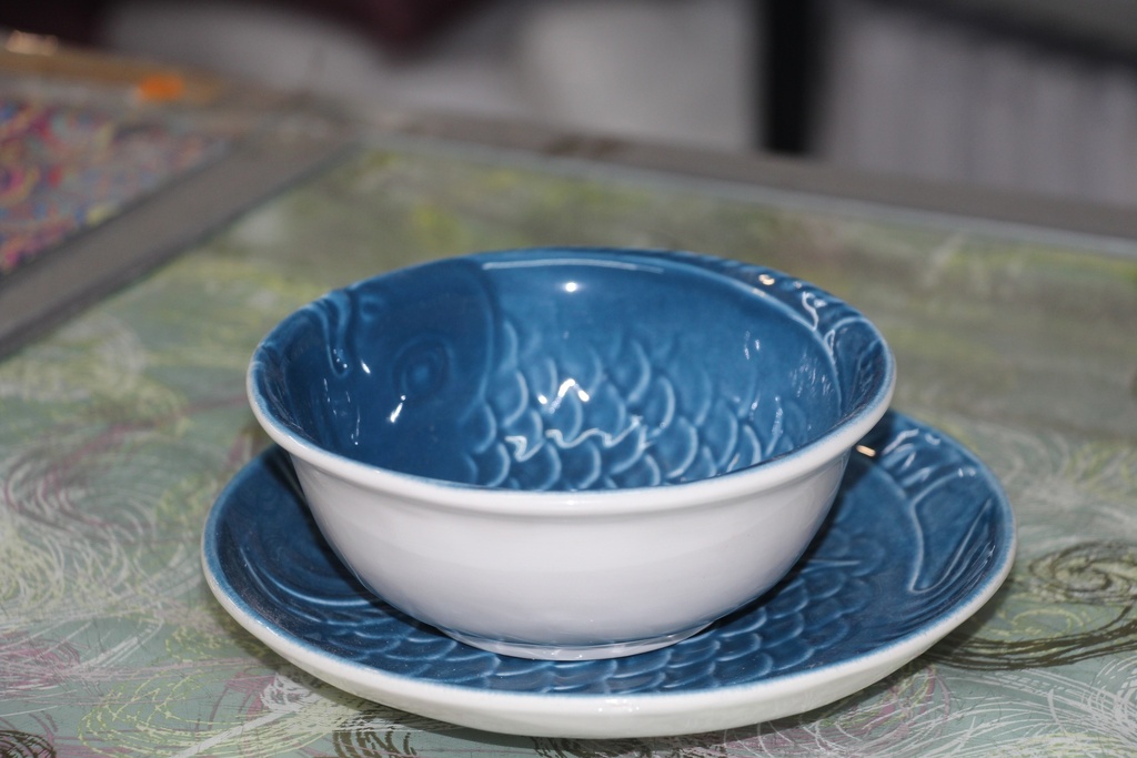 Taça de Cerâmica "Peixe" com Pires Coordenado – Azul e Branco