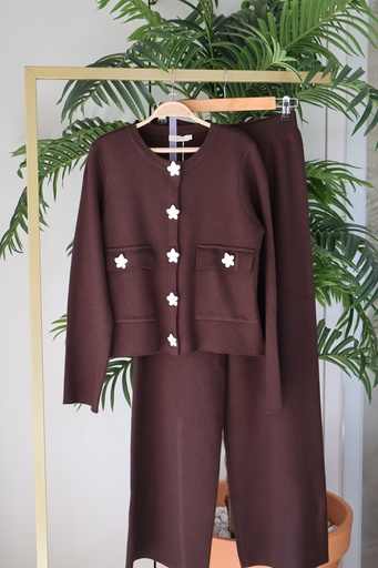 Conjunto de Malha "Chocolate Daisy" com Cardigan e Calças Wide Leg