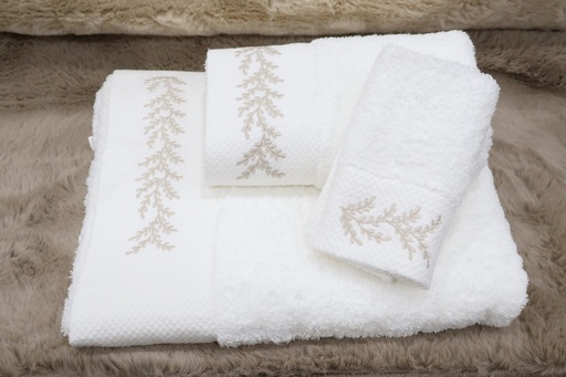 Conjunto de 3 Toalhas de Banho – Branco com Bordado Botânico Bege