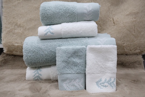Conjunto de 6 Toalhas de Banho – Verde Água e Branco com Bordado Botânico