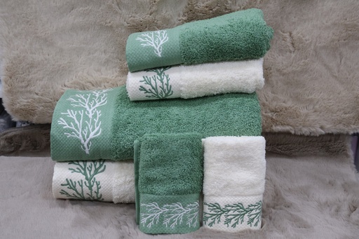 Conjunto de 6 Toalhas de Banho – Verde Mar e Branco com Bordado de Corais