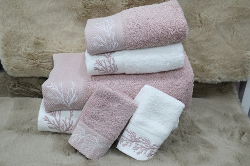 Conjunto de 6 Toalhas de Banho – Rosa Pastel e Branco com Bordado de Corais