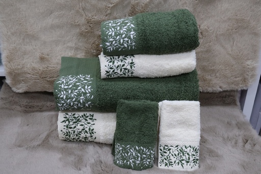 Conjunto de 6 Toalhas de Banho – Verde Musgo e Pérola com Bordado Botânico