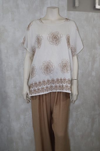 Conjunto Étnico Chic: Blusa Bordada Floral & Calças Fluidas Camel