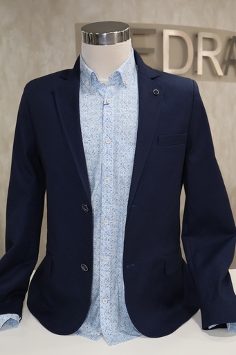 Conjunto Tailored Navy: Blazer em Malha & Camisa Micro-Pattern