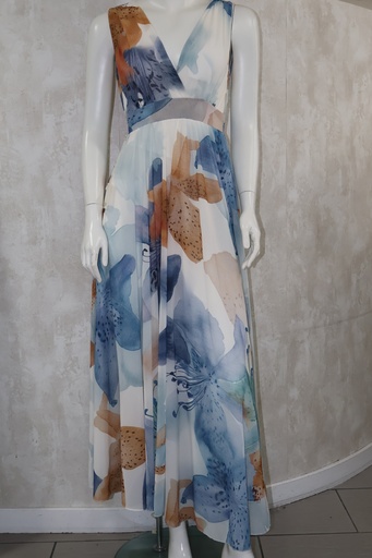 Vestido Maxi Aquarelle Flora: Decote Cruzado & Tons Oceânicos