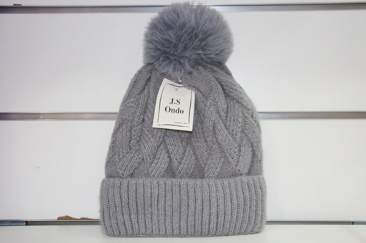 Gorro de Tricô Cinzento com Padrão de Tranças e Pompon