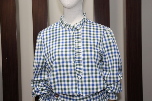 Blusa de Xadrez Vichy com Folhos Verde e Azul  Descrição do Produto