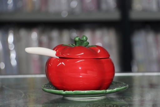 Açucareiro de Cerâmica em Formato de Tomate com Colher e Pires
